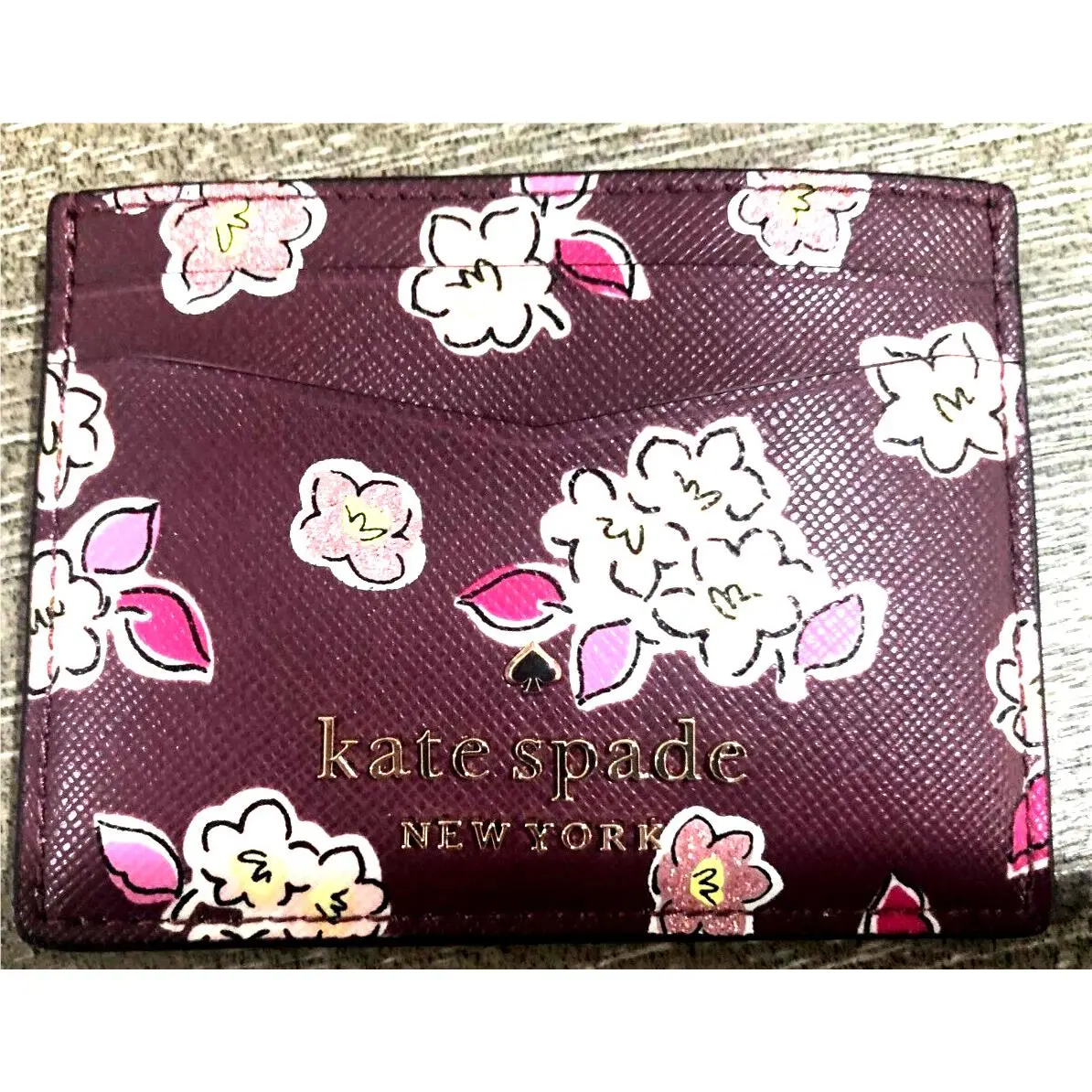 Kate Spade Tinsel Box Sm Slim Card Case Holder Glitter Deep Berry Flower 89