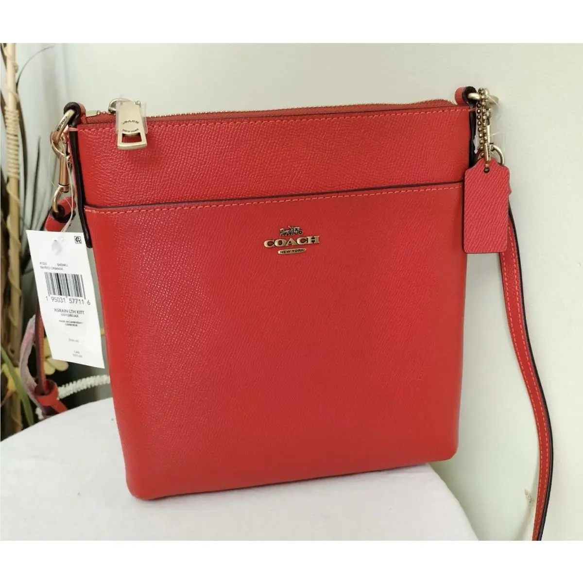 Coach Kitt Messenger Crossbody Bag IN Red Orange Crossgrain Leather