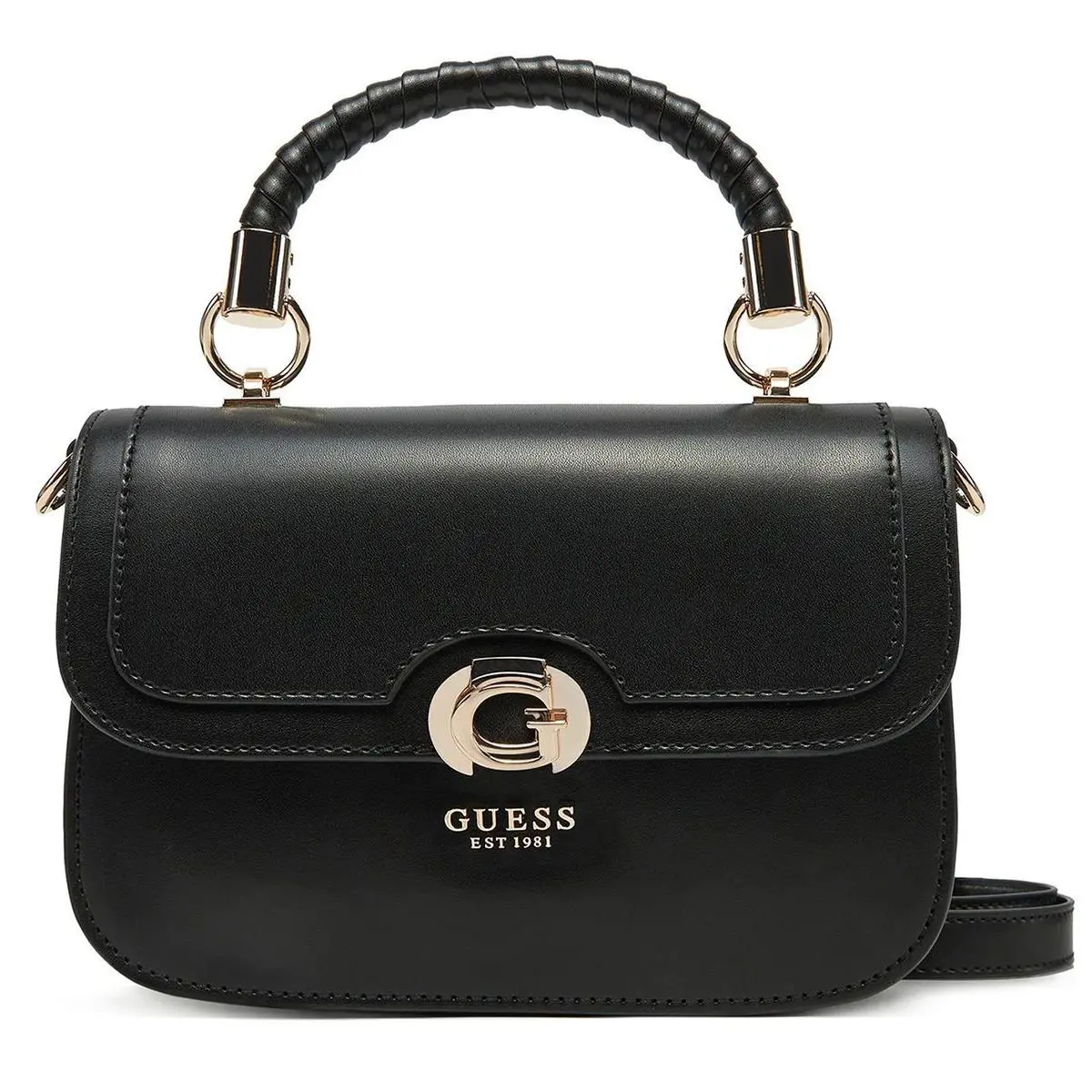 Guess Orlina Top Handle Flap Leather Womens Handbag In Black