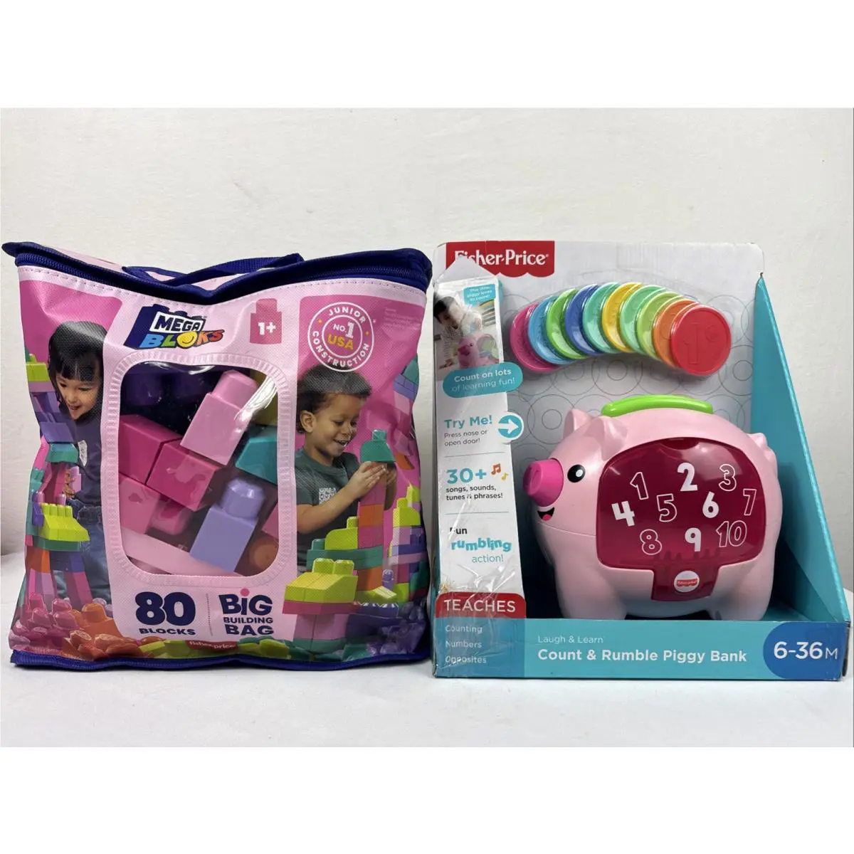 Fisher-price GCV96 Laugh Learn Count Rumble Piggy Bank-mega Bloks Bag-distre