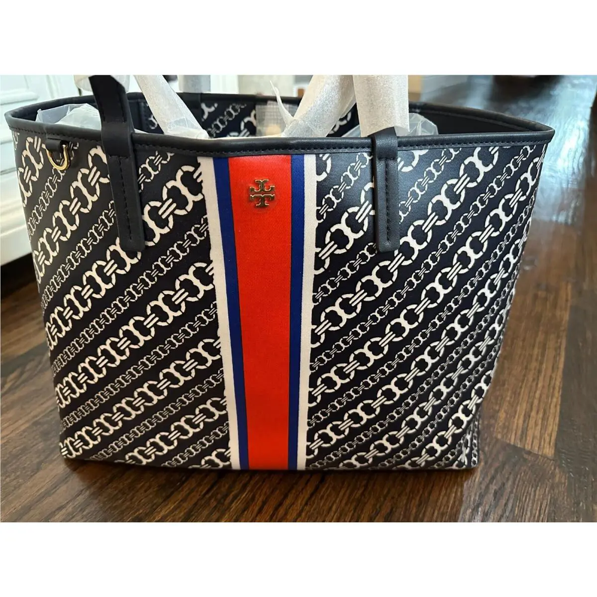 Tory Burch Navy Blue Red Gemini Link Coated Canvas Large Tote Handbag