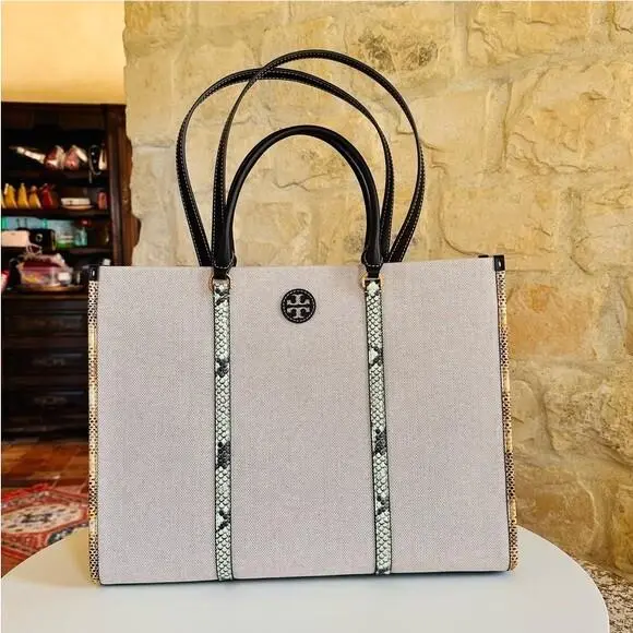 Tory Burch Blake Canvas Embossed Jumbo Tote Canvas Mint Green Deep Sunflower