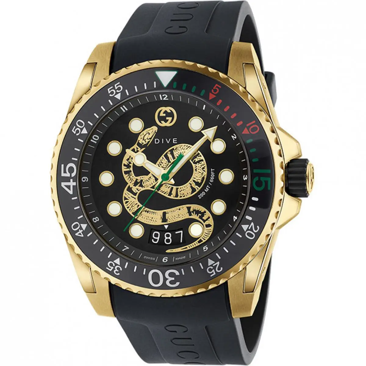 Gucci Dive YA136219 Gold-tone Watch Snake Dial - Dial: Black, Band: Black, Bezel: Black
