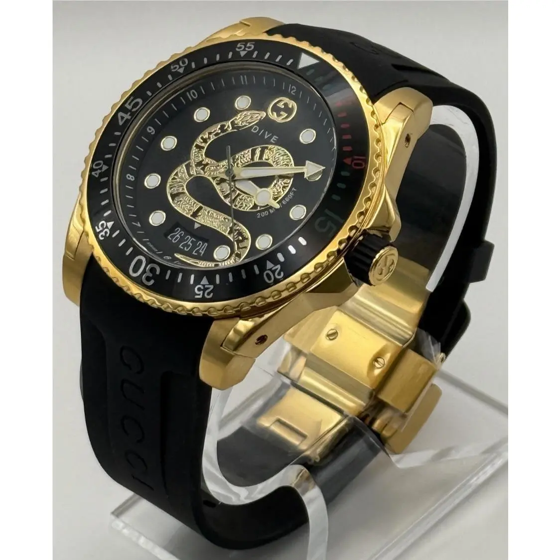 Gucci Dive Black Dial Gold-tone Rubber Strap 45mm. Men`s Watch YA136219 - Dial: Black, Band: Black
