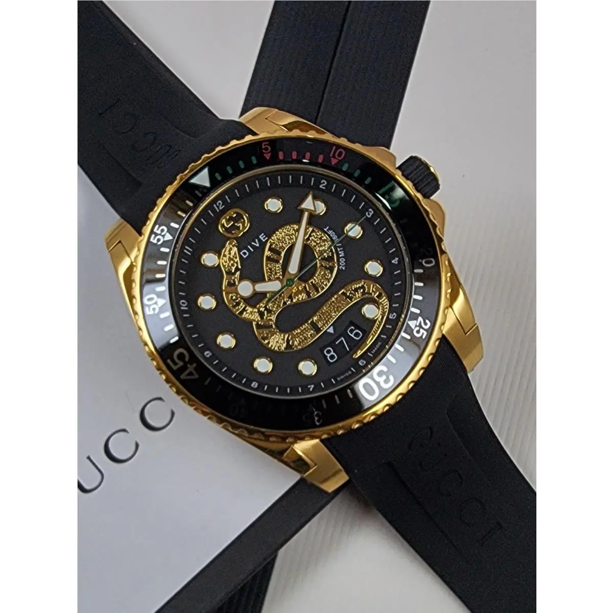 Gucci Dive Snake Dial Gold Tone Black Rubber Men`s Watch YA136219 40mm For Gift - Dial: Black, Gold, Band: Black, Bezel: Black