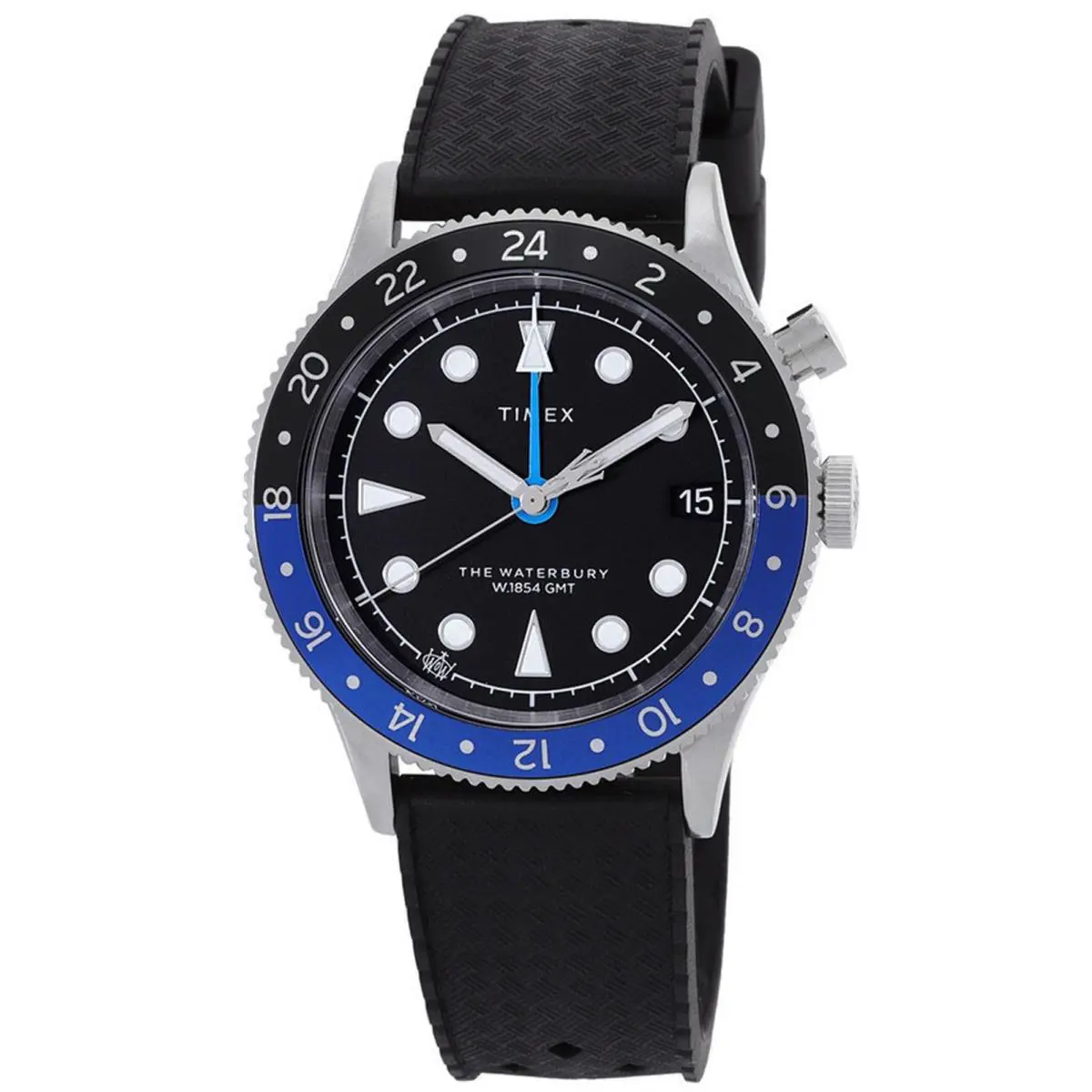 Timex TW2W22600 The Waterbury Gmt Men`s Analog Watch Black Rubber Strap