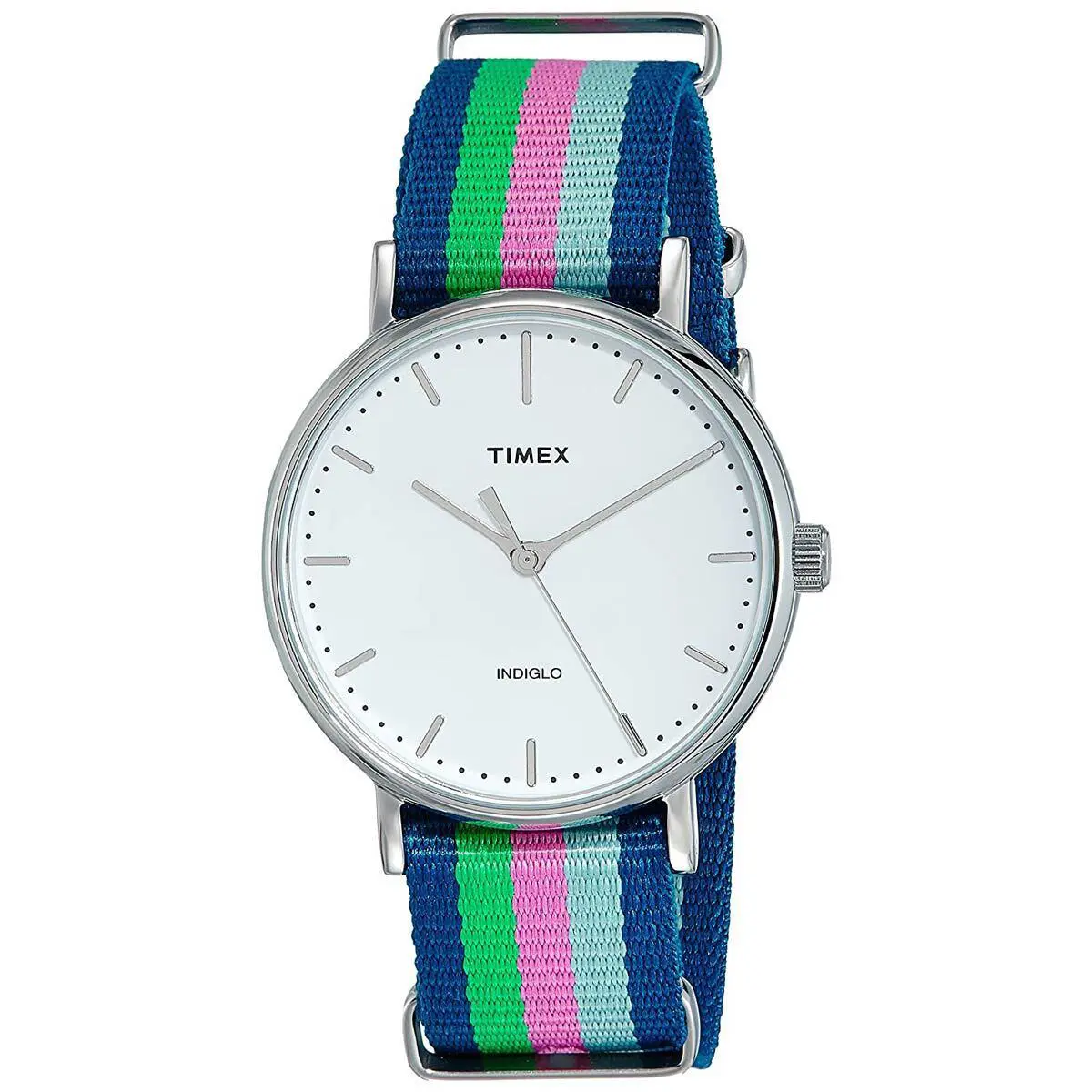 Timex Women`s Watch Fairfield Silver Dial Slip-thru Nylon Strap TW2P91700 - Dial: White, Band: Blue, Green, Pink, Light Blue