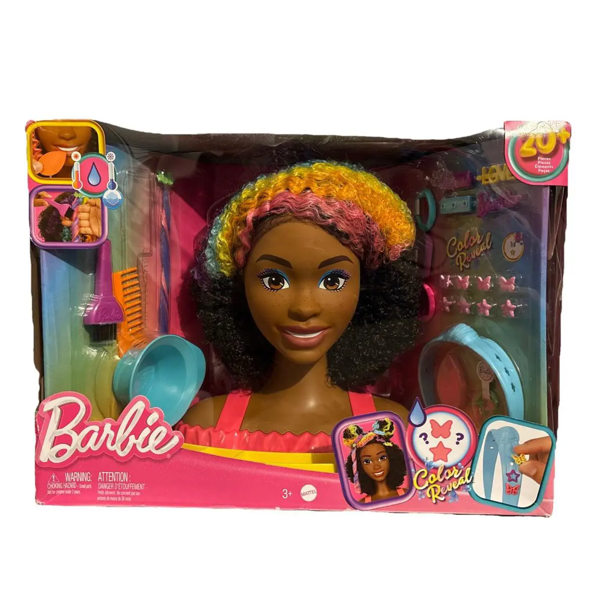 Barbie Styling Head with Color Reveal Accessories Curly Brown Rainbow Hair