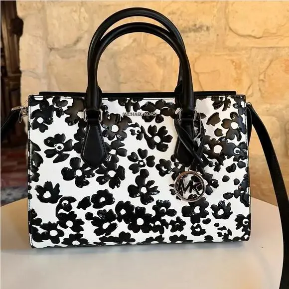 Michael Kors Sheila Medium Sequined Floral Satchel / Wallet Option Black