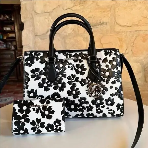 Sheila Medium Sequined Floral Satchel / Wallet Option Black Bundle 2 Pcs by Michael Kors