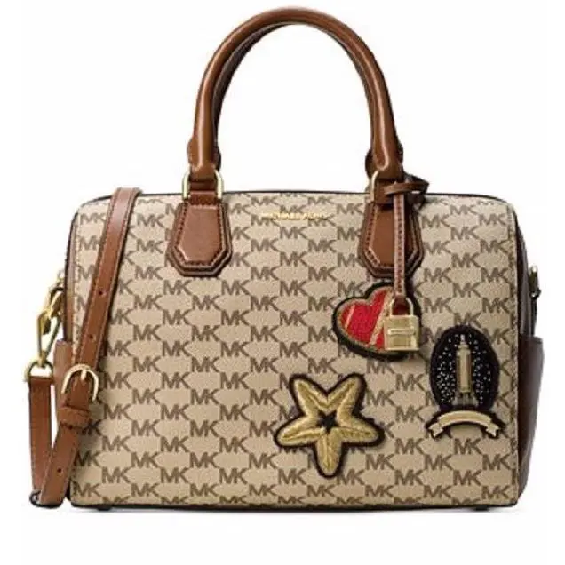 Michael Kors Studio MK Logo Patches Mercer Natural Luggage Duffle Bag Tote