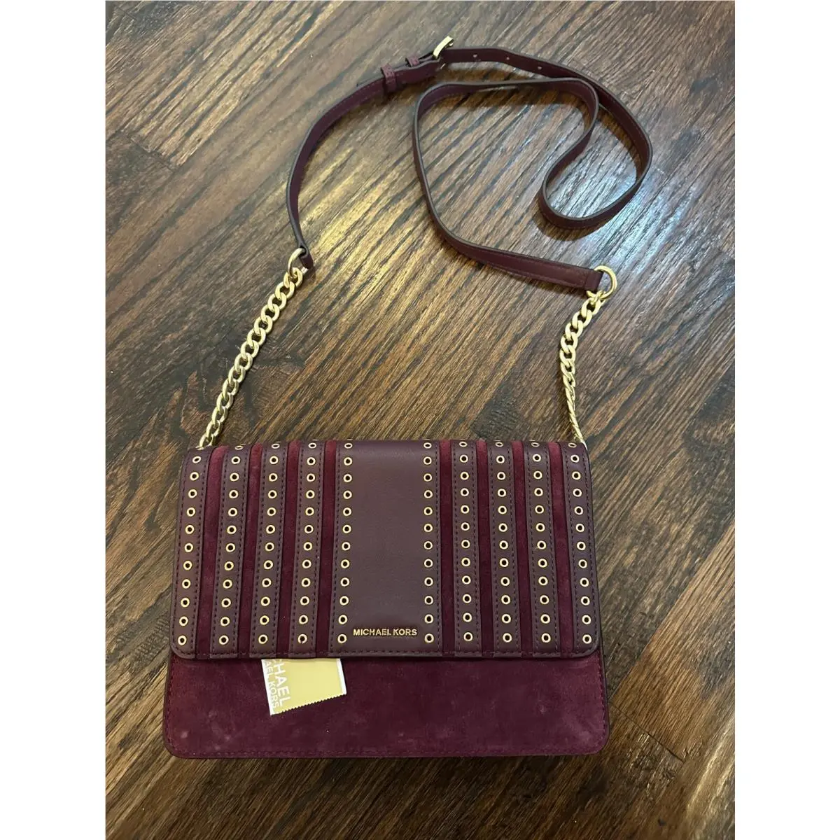 Michael Kors Plum Brooklyn Grommet Crossbody Leather Suede Burgundy
