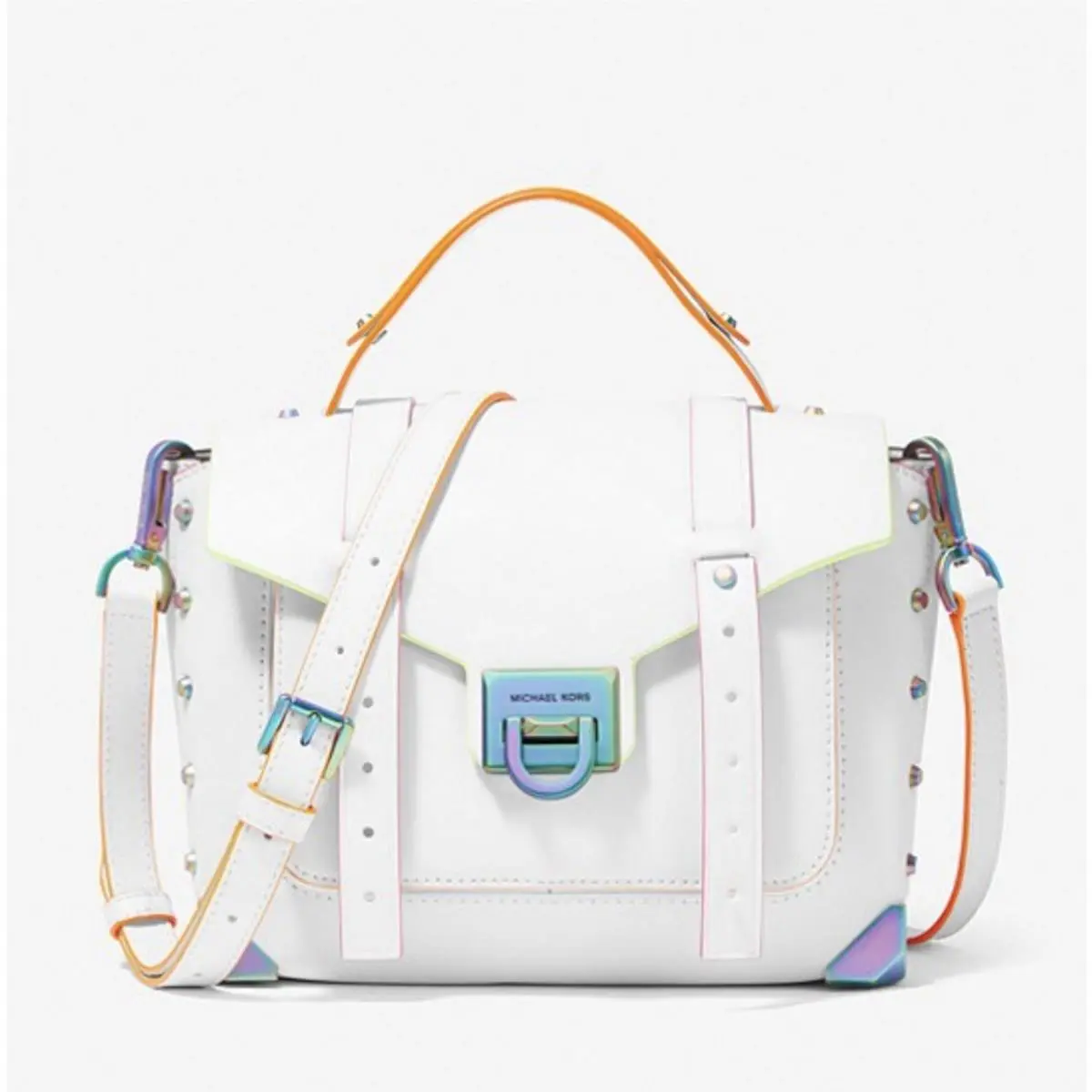 Michael Kors Manhattan Medium Contrast Trim Leather Satchel Optic White