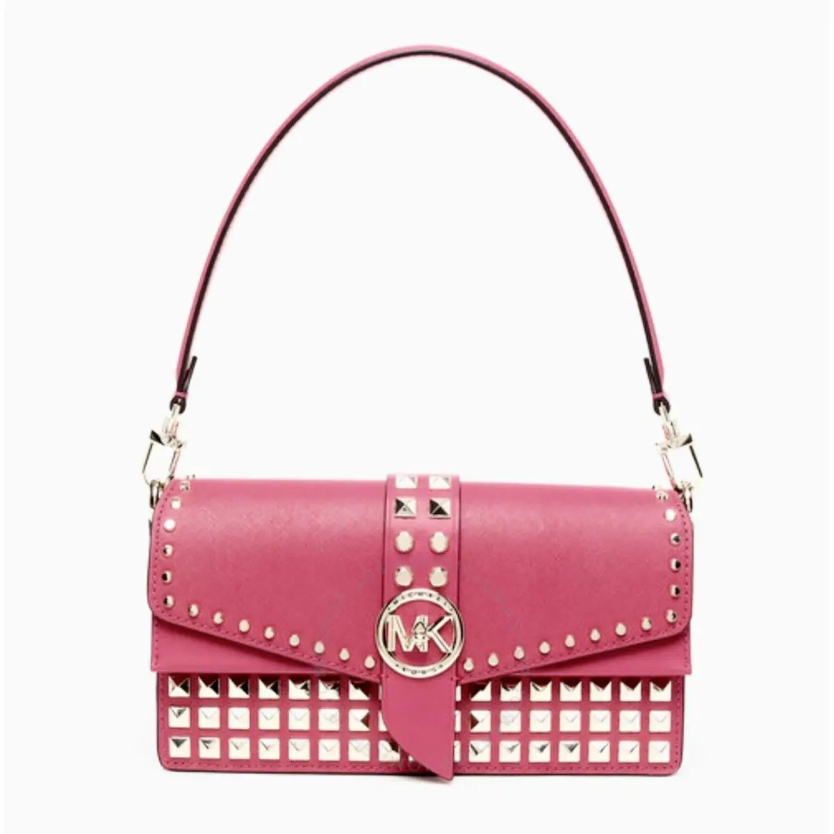Michael Kors Greenwich Medium Studded Logo Shoulder Bag Rubin Red - Handle/Strap: Rubin Red, Hardware: Gold, Exterior: Rubin Red