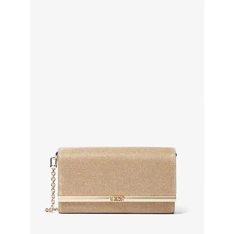 Michael Kors Mona Large Glitter Chain Mesh Clutch Pale Gold