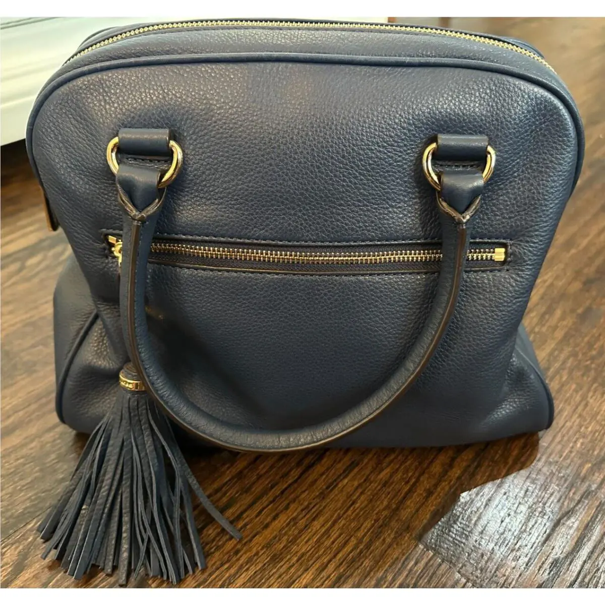 Michael Kors Knox Tassel Large Satchel Leather Handbag Crossbody Navy Blue