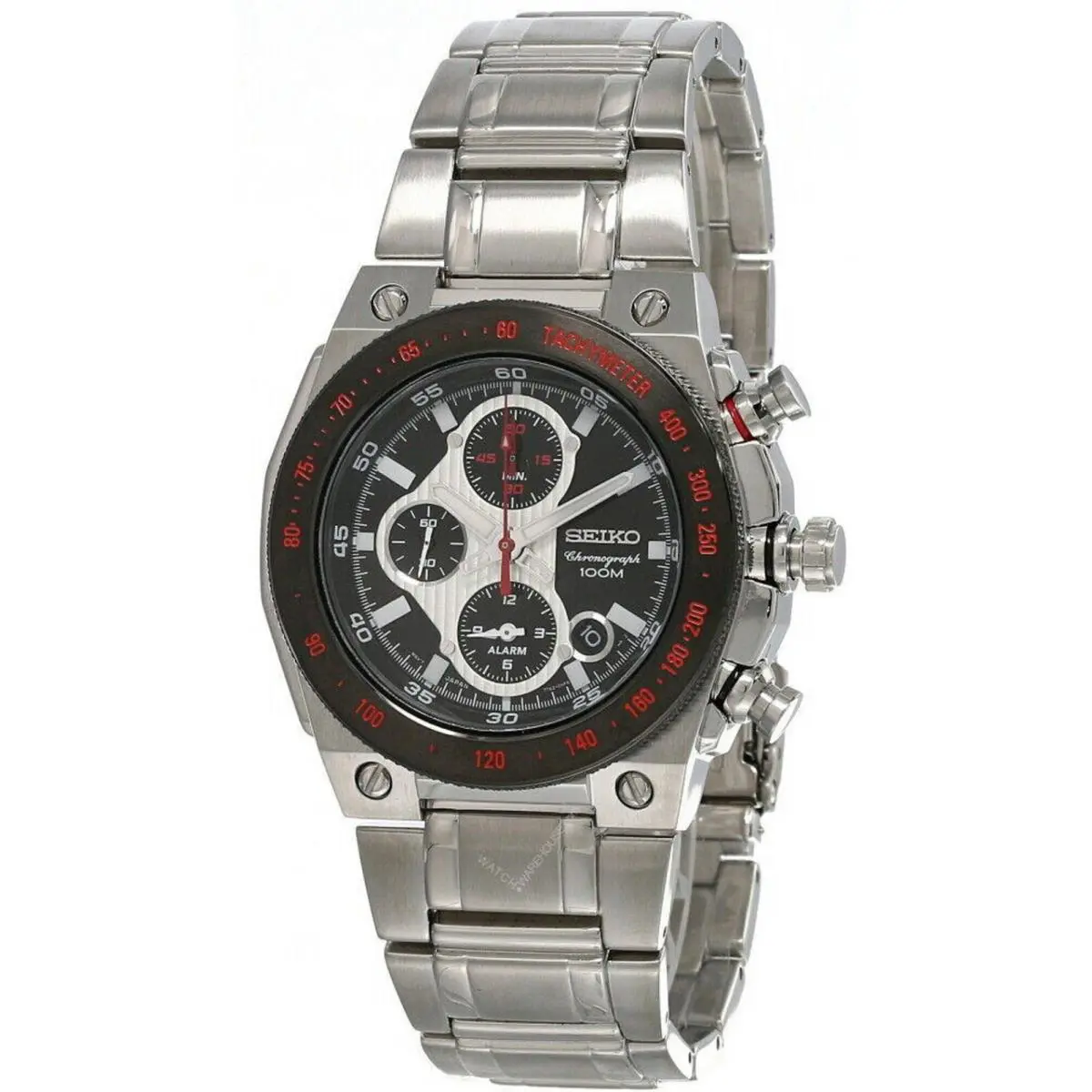 Seiko Black Dial Chronograph Alarm Stainless Steel Men`s Watch SNAD55 - Dial: Black, Band: Silver, Bezel: Black, Red