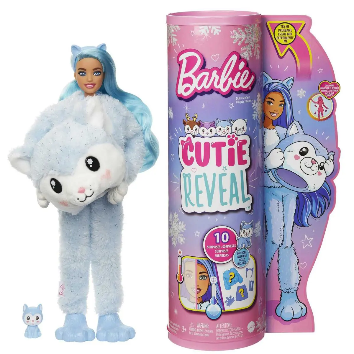 Barbie Cutie Reveal Snowflake Sparkle Series with 10 Surprises and Plush Husky