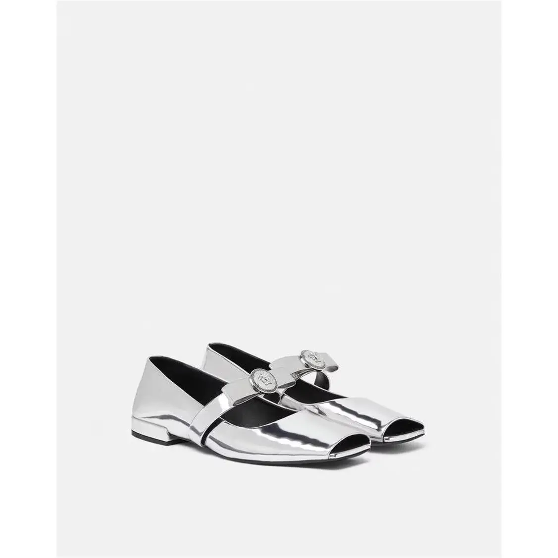 Versace Gianni Medusa Ribbon Mirrored Leather Open Toe Ballerina Flats Shoe