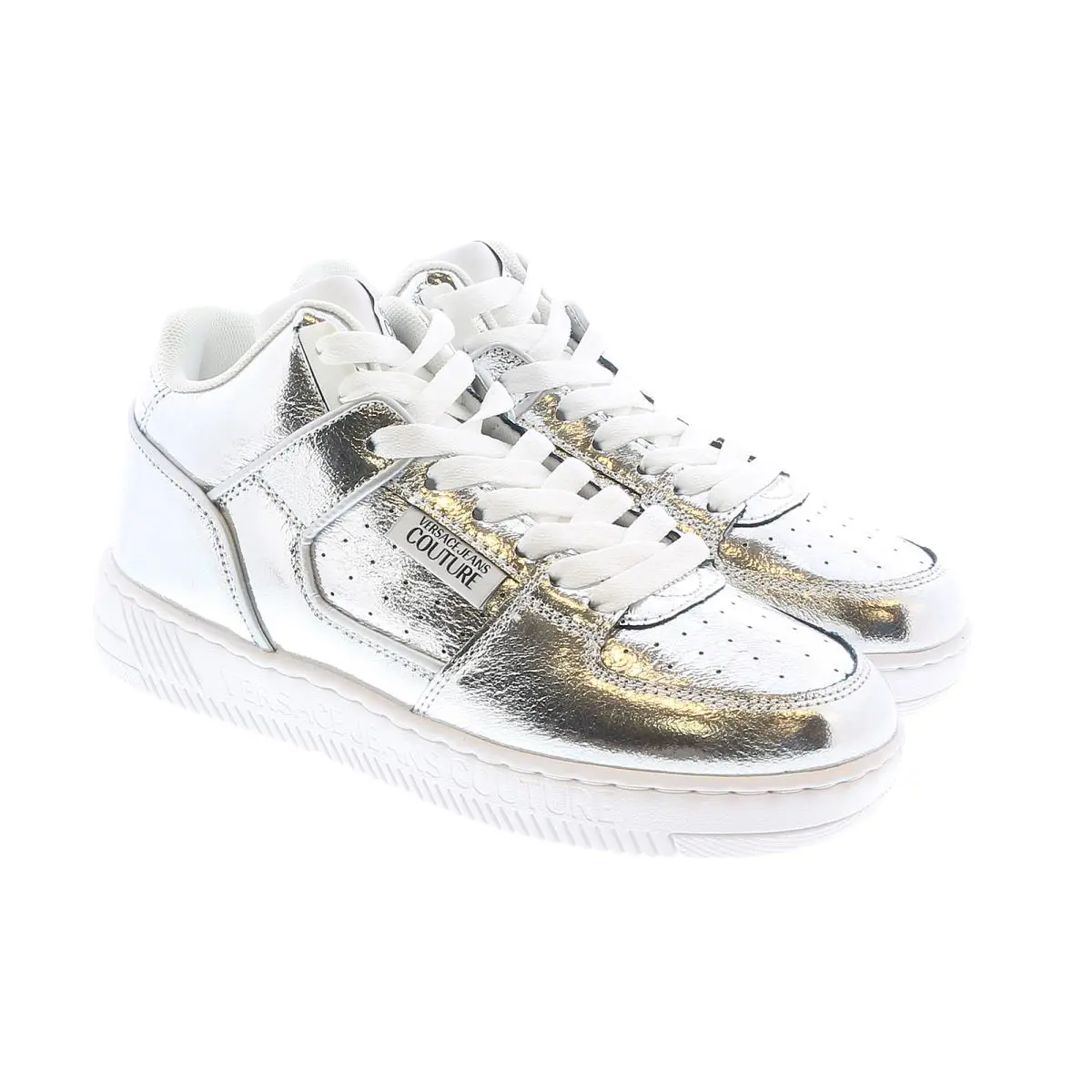 Versace Jeans Couture Womens Signature Mid Top Lace Up Silver Sneakers - Silver