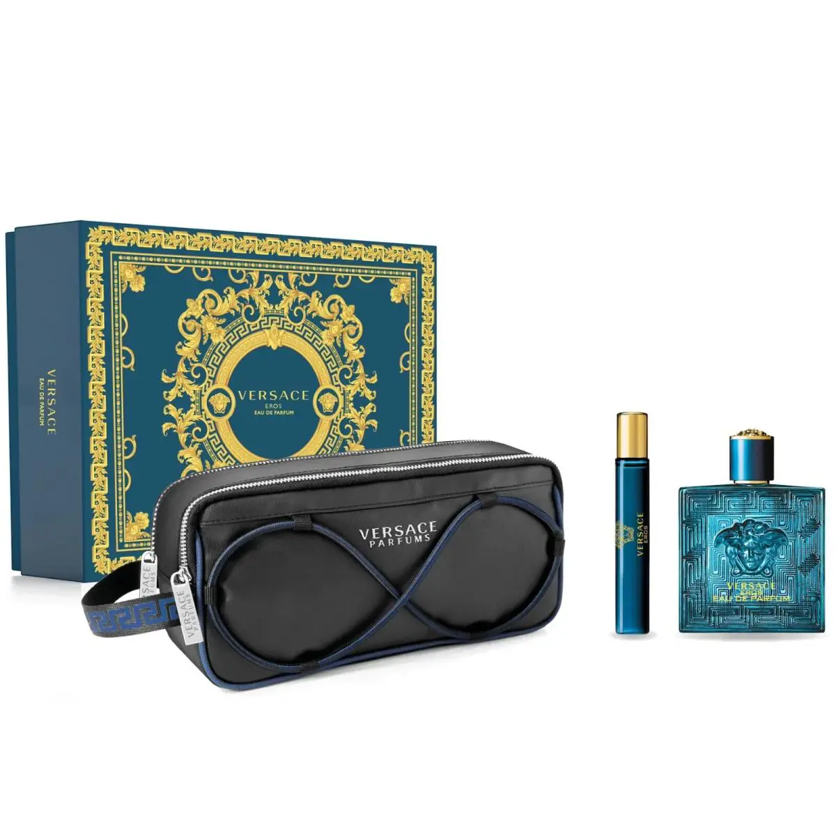 Versace Eros Men`s 3 pc Set 3.4oz Edp Spray + 0.3 oz Mini Spray + Trousse