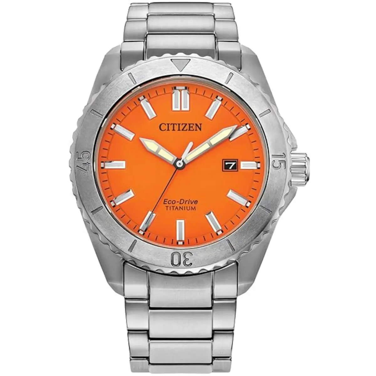 Citizen Men`s Watch Brycen Eco-drive Orange Dial Titanium Bracelet AW1840-50X - Dial: Orange, Band: Silver