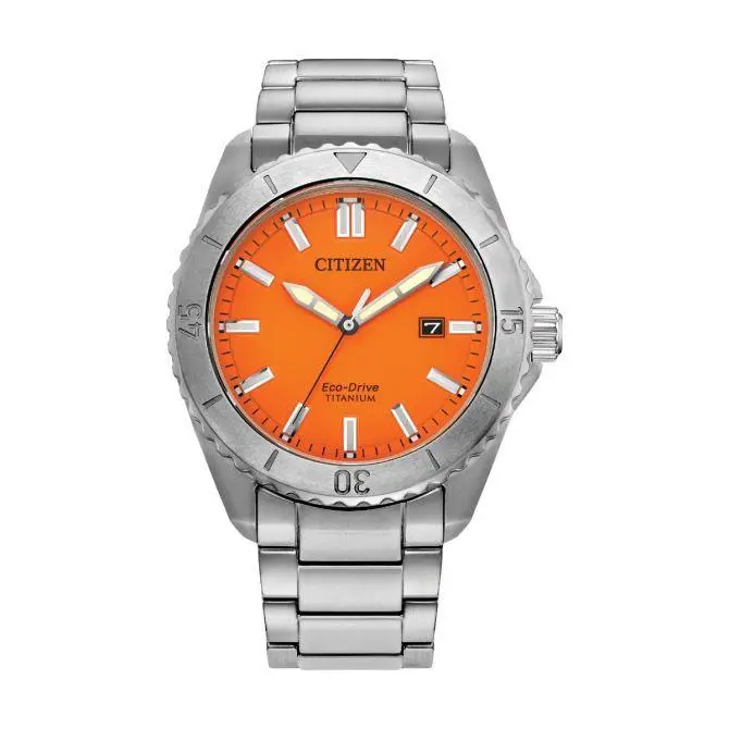 Citizen Brycen Super Titanium Sapphire AW1840-50X Orange Dial Men`s Watch - Dial: Orange, Band: Silver, Bezel: Silver