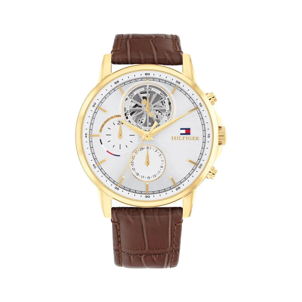 Tommy Hilfiger 1710631 Men`s Watch Blown Leather Strap Silver Dial 46mm