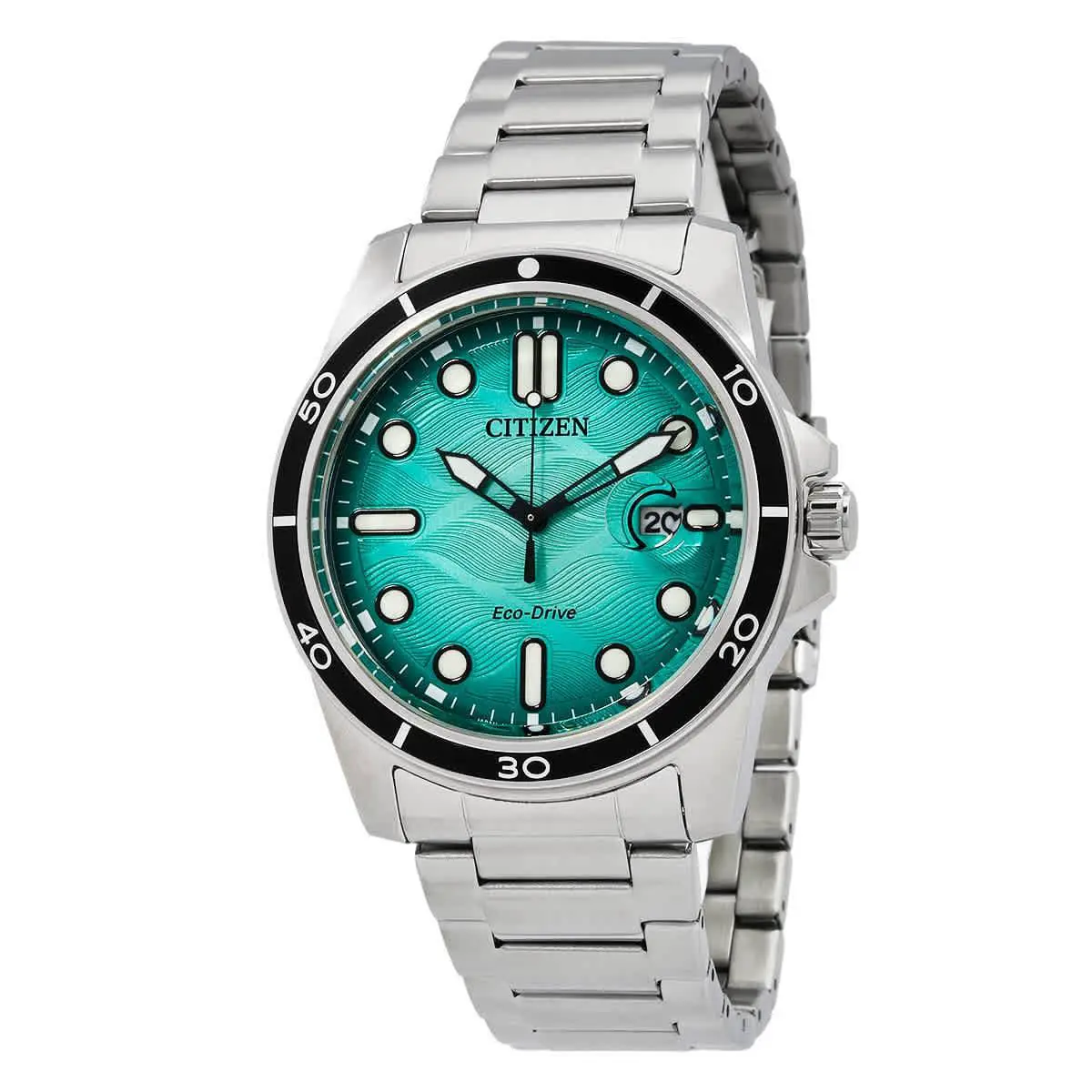 Citizen Men`s Marine 41.5mm Eco-drive Solar Quartz Watch AW1816-89L - Dial: Green, Band: Silver Tone, Other Dial: Green