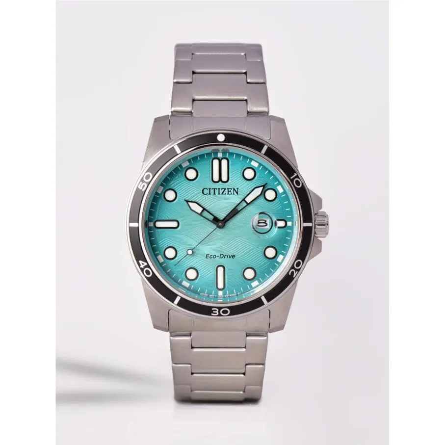 Citizen Turquoise Dial Date Indicator AW1816-89L Silver Tone Men`s Watch - Dial: Turquoise, Band: Silver, Bezel: Black