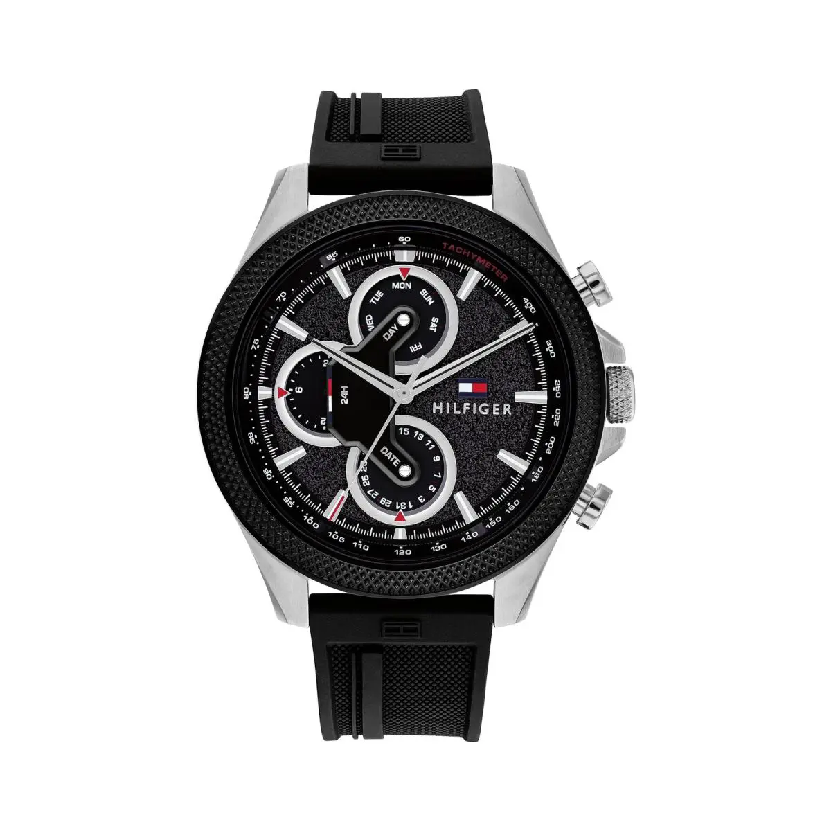 Tommy Hilfiger 1792082 Men`s Silver Case Black Rubber Band Black Dial Watch 46mm