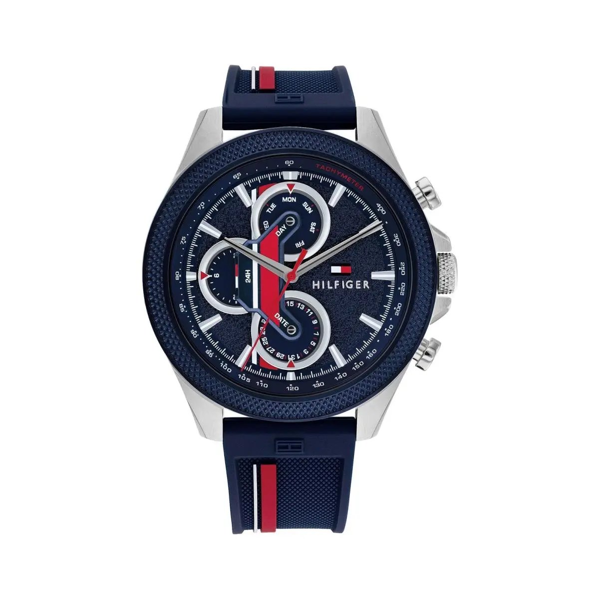 Tommy Hilfiger 1792083 Men`s Silver Case Blue Rubber Band Blue Dial Watch 46mm