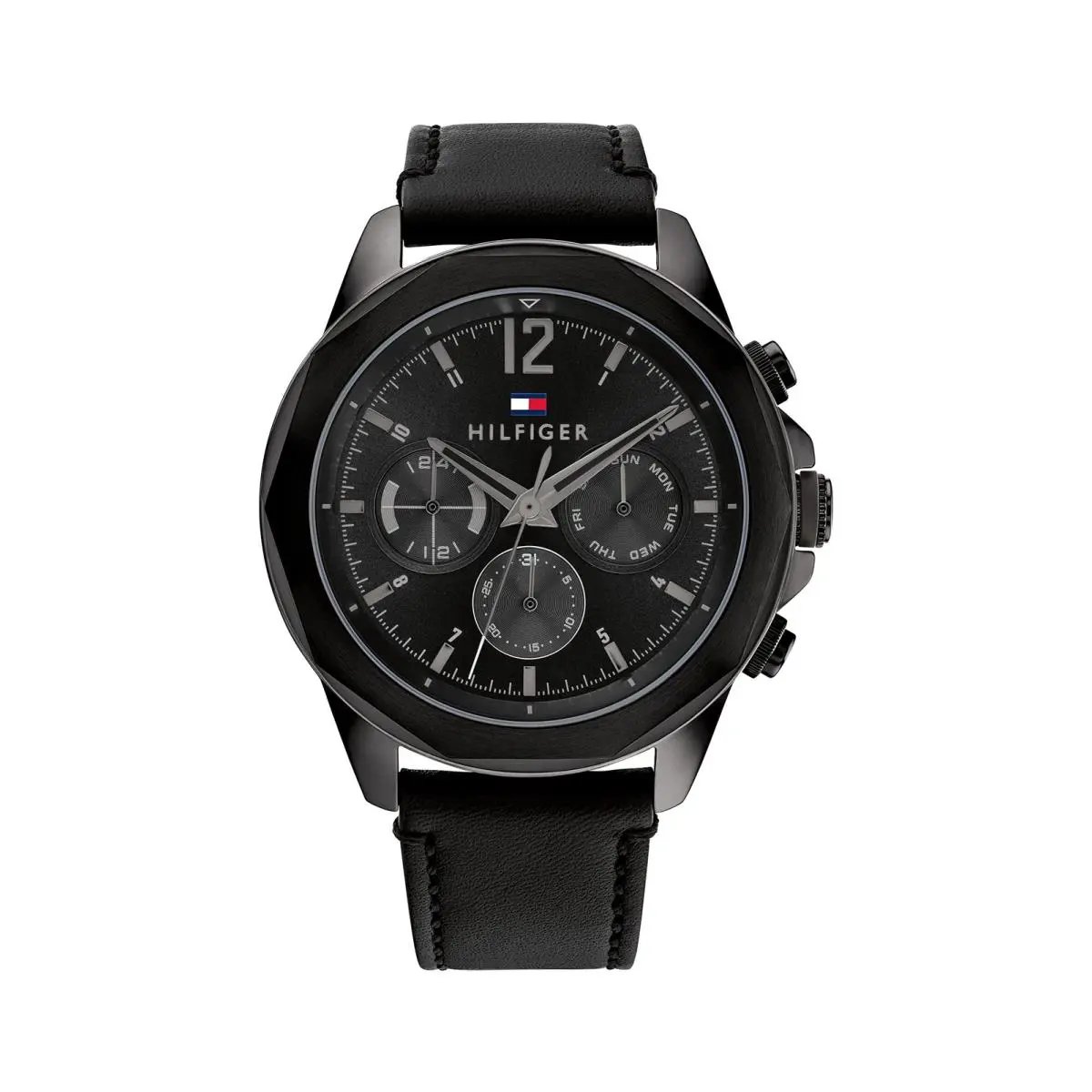 Tommy Hilfiger 1792062 Men`s Black Leather Strap Multifunction Black Dial 46mm - Black