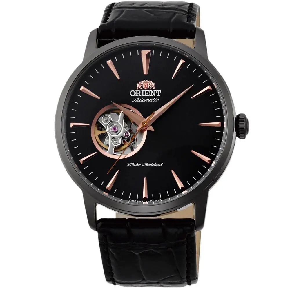 Orient Men`s Classic Open Heart Black Dial Automatic 41mm Watch AG02001B - Dial: Black, Band: Black, Bezel: Gunmetal