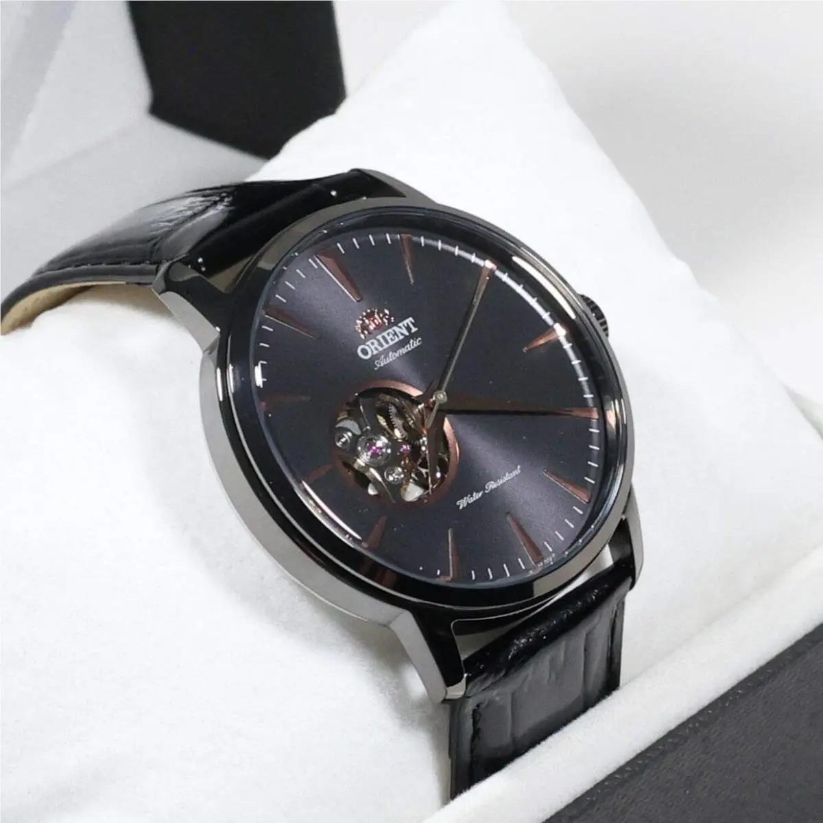 Open Heart Black Dial Leather Strap Dress Watch AG02001B by Orient