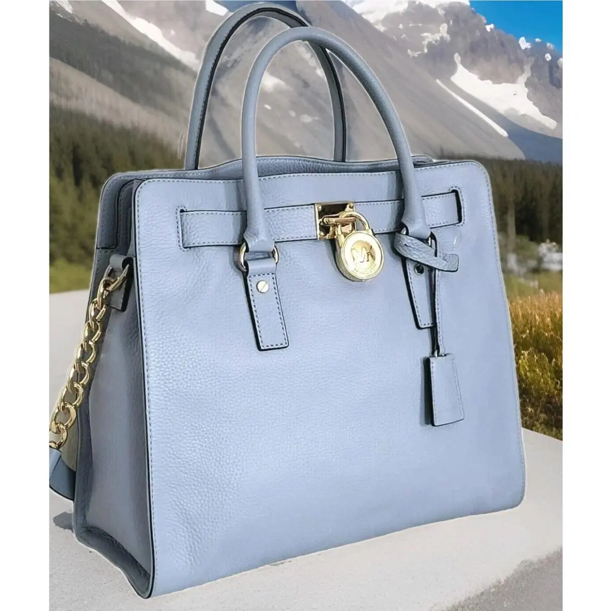 Hamilton Large Pale Blue Leather Gold Lock Chain NS Tote Bag by Michael Kors
