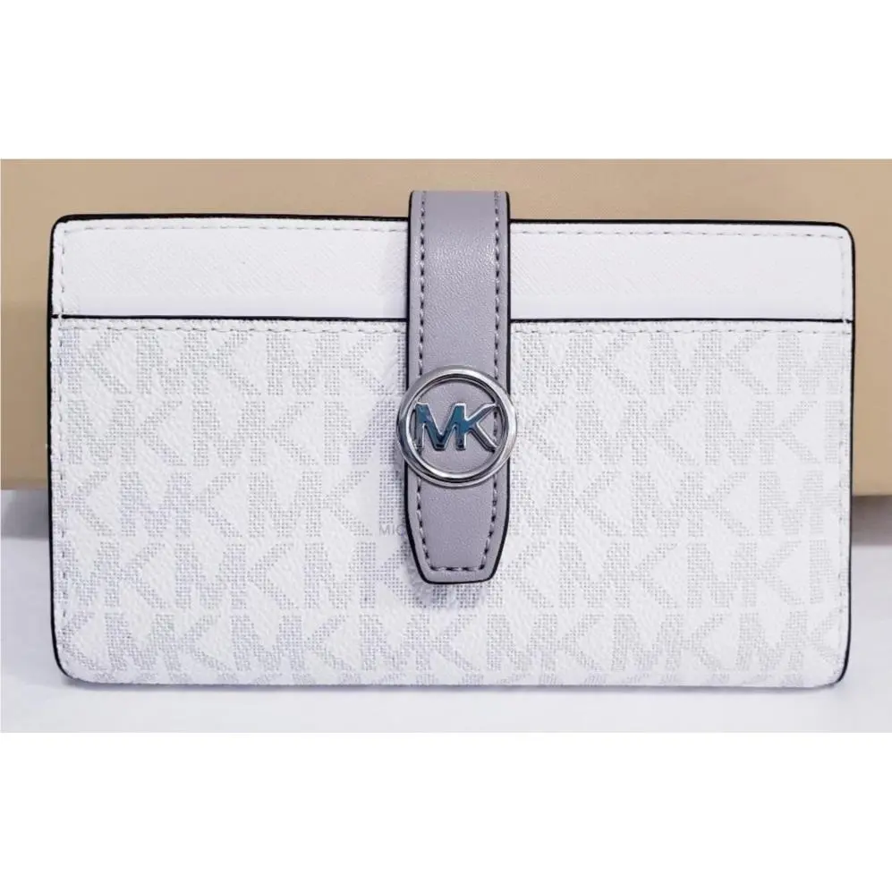 Michael Kors Greenwich Medium Bifold Center Zip Signature Optic White Wallet