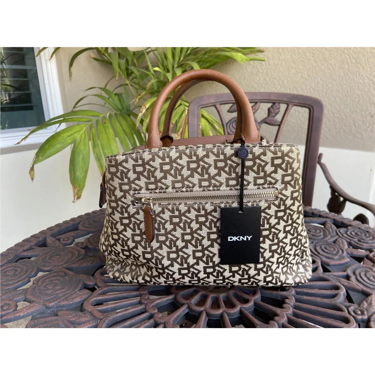Dkny Paige Medium Satchel Bag Brown Canvas Crossbody Shoulder