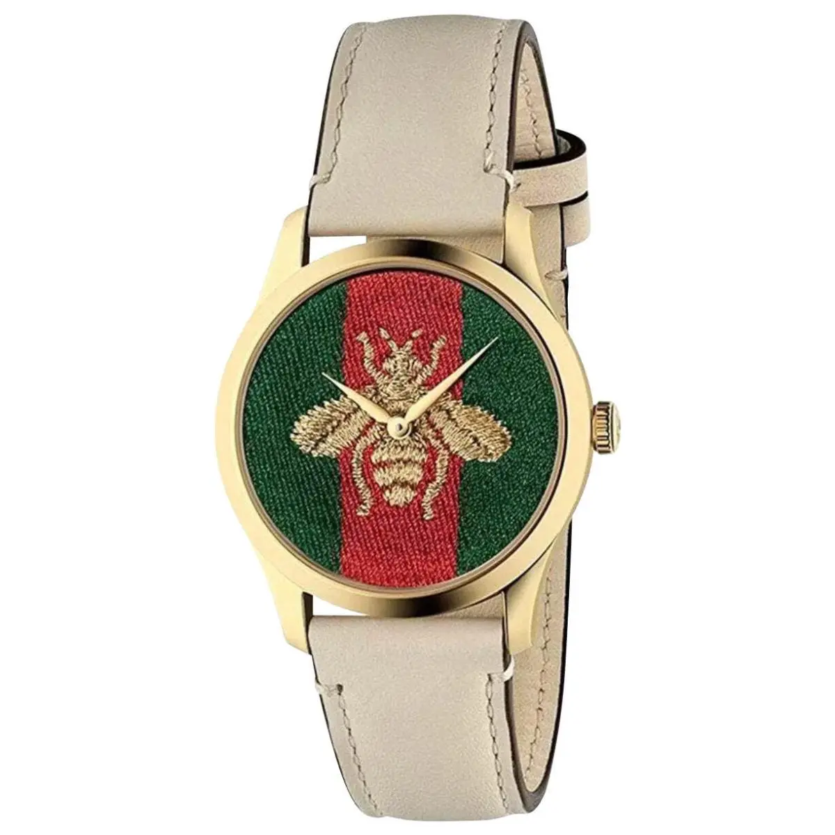 Gucci G-timeless Gold Pvd Green/red Dial White Leather Womens Watch YA1264128