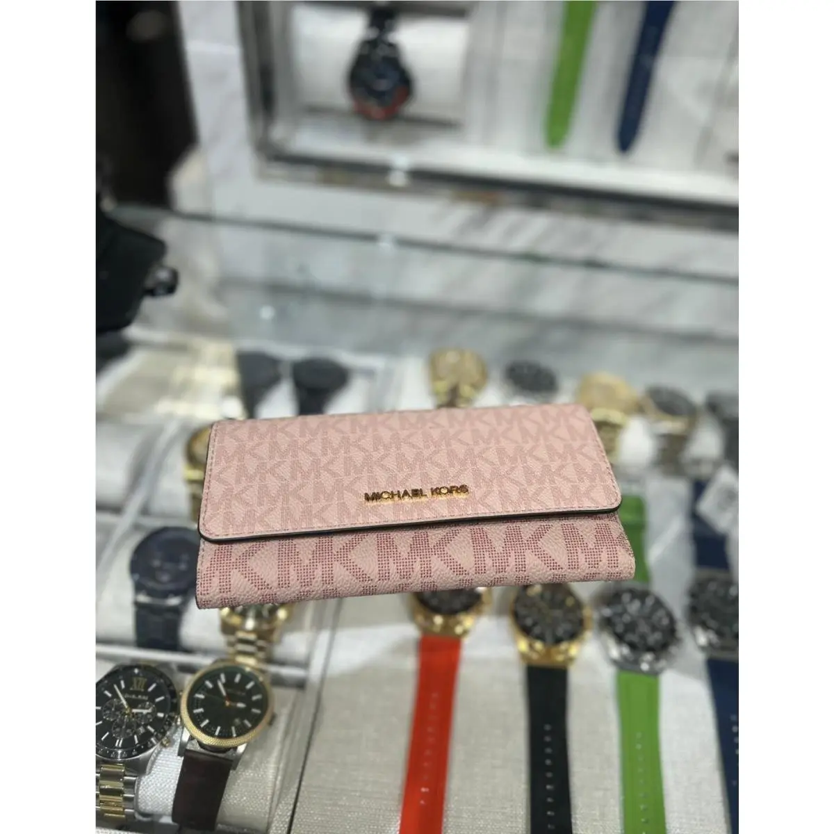 Michael Kors Jet Set Women Large Logo Trifold Card Wallet Powder Blush Multi MK