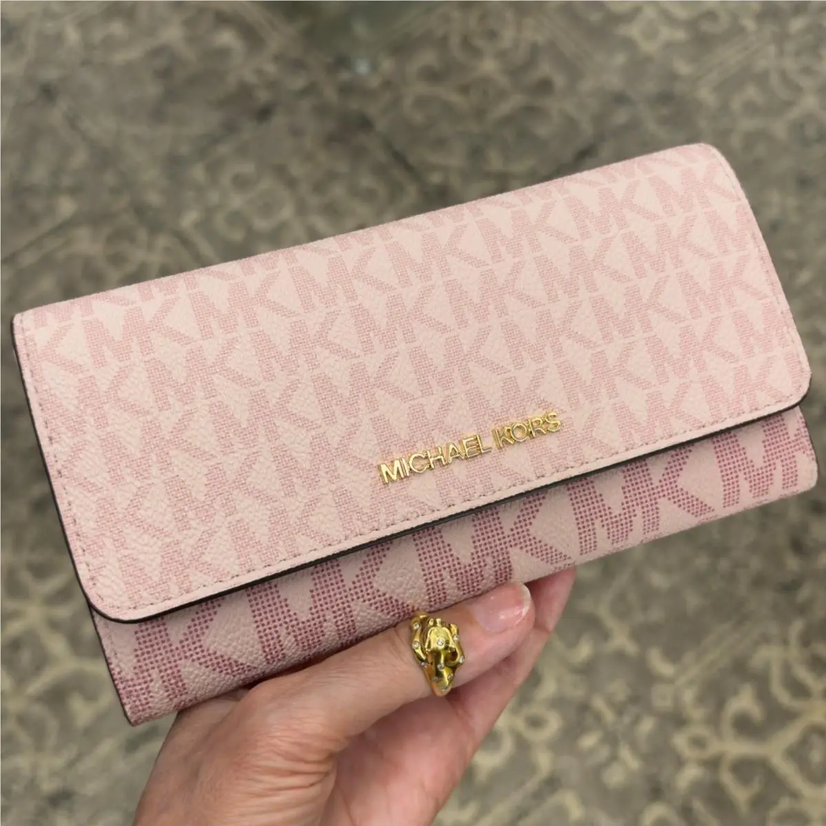 Michael Kors Jet Set Travel LG Trifold Wallet MK Logo Signature Powder Blush