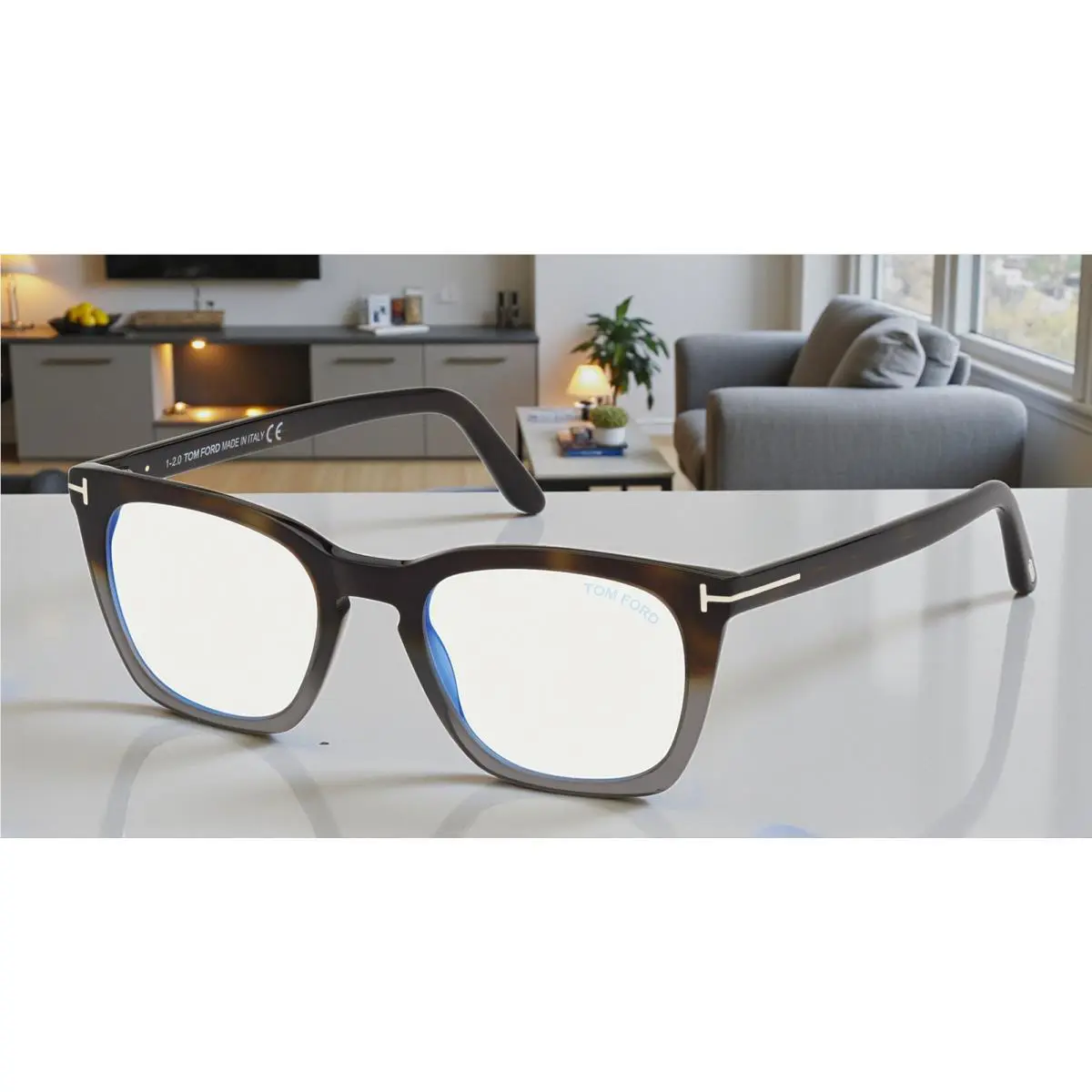 Tom Ford FT5736 055 Coloured Havana Plastic Blue Filter 50 mm Men`s Eyeglasses