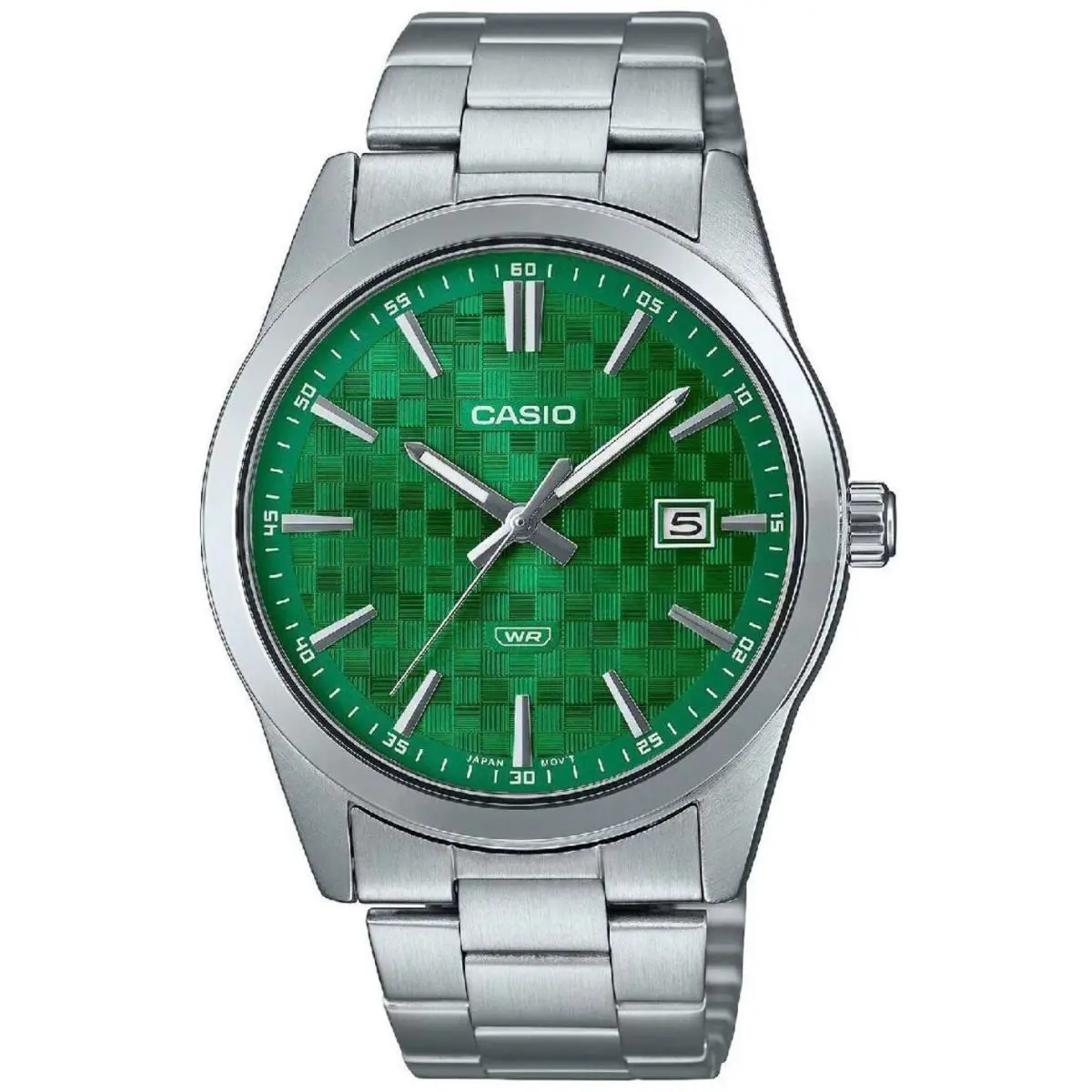 Casio MTPVD03D-3A1 Men`s Classic Collection MTP-VD03D Green Dial Steel Watch - Silver, Dial: Green, Band: Silver