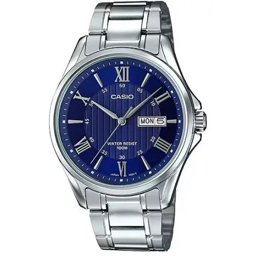 Casio MTP-1384D-2A Mens Analog Watch Steel Band Silver Blue Date Display