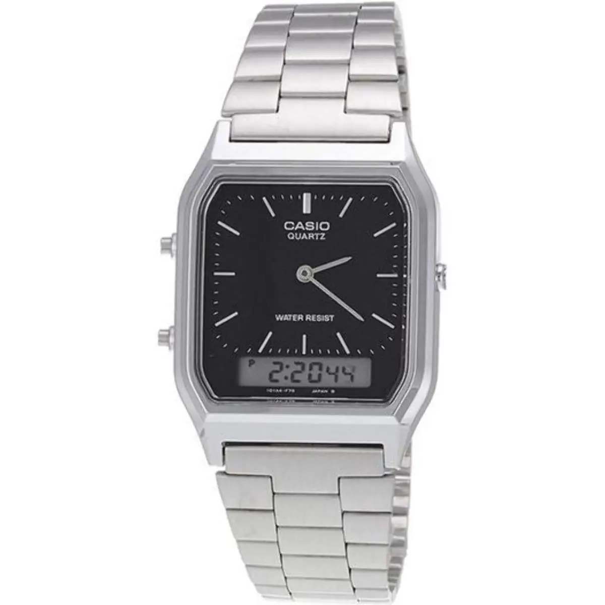 Casio AQ230A-1DM Men`s Analog Digital Watch Water Resistant Black on Silver