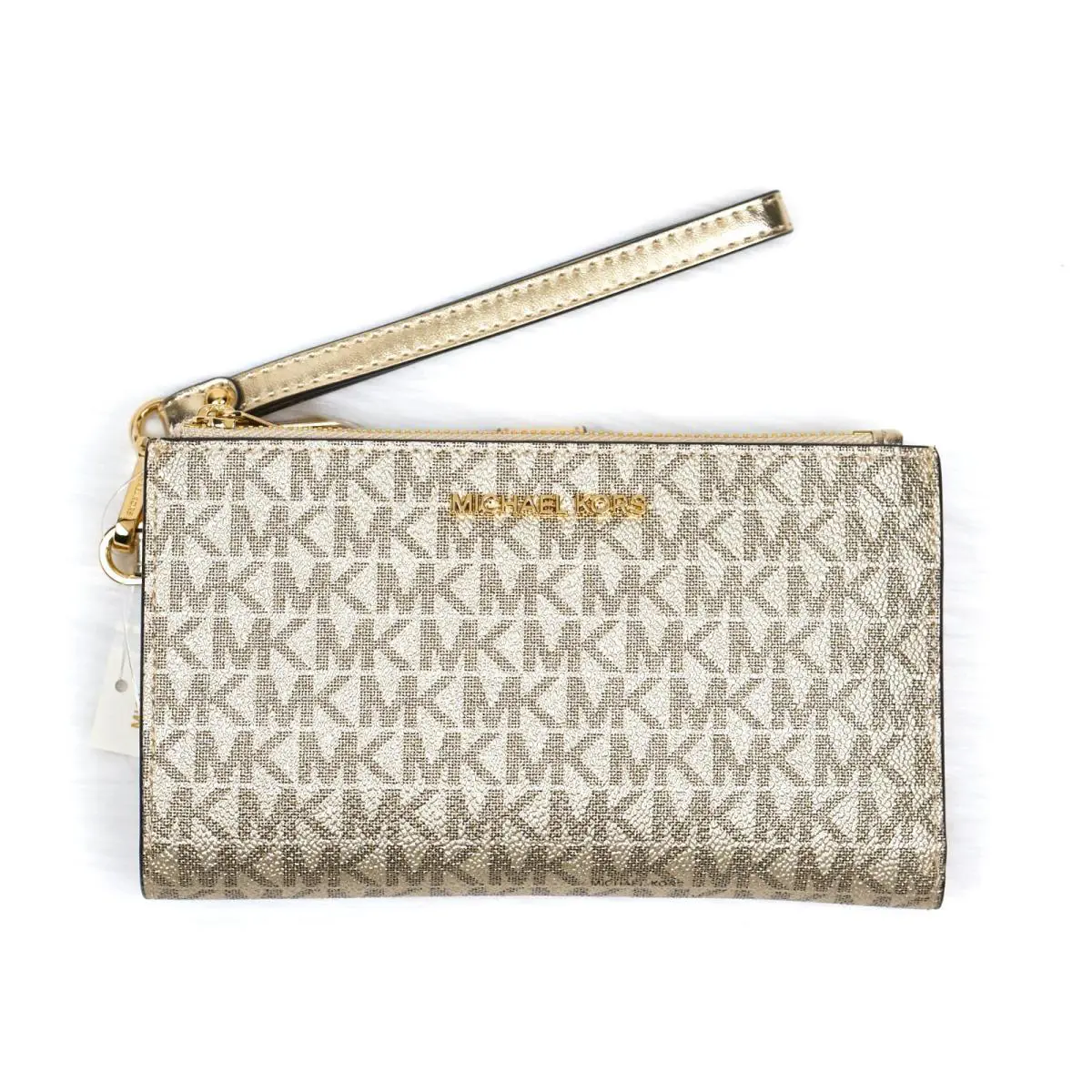 Michael Kors Jet Set Pale Gold Metallic Pvc Logo Signature Wristlet Wallet