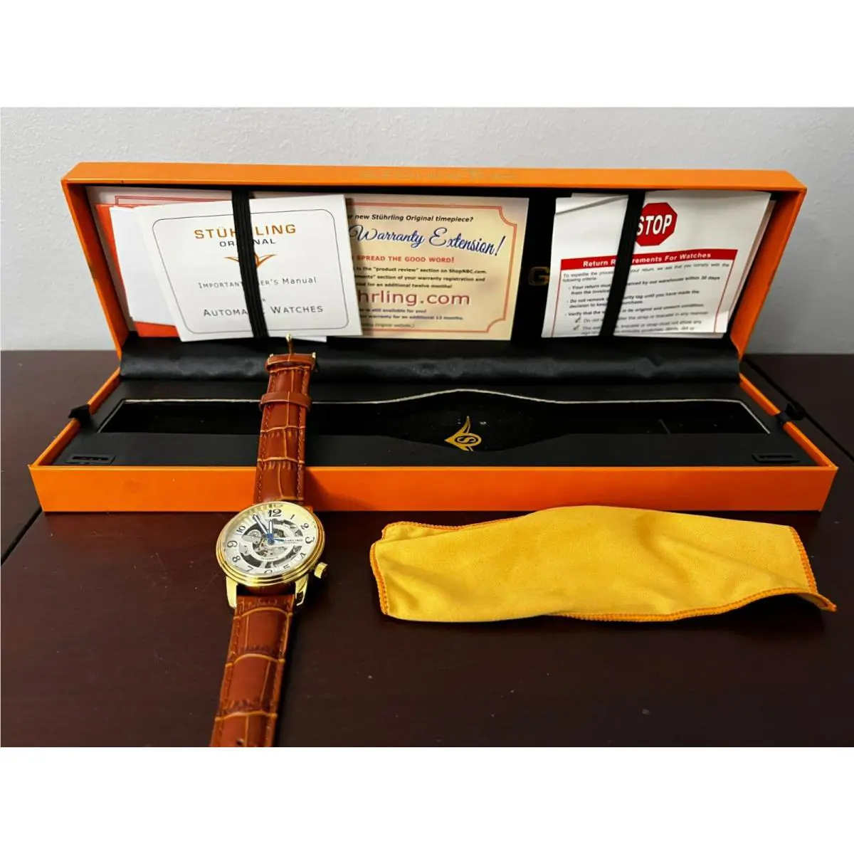 Stuhrling Skeleton Mens Automatic Brown Leather Watch w/ Box