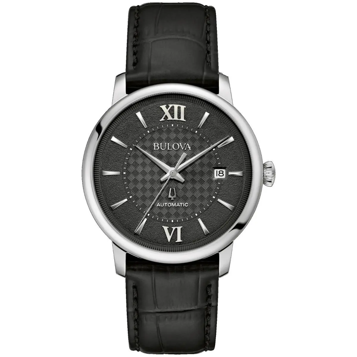 Bulova 96B441 Men`s Hudson Leather Band Black Dial 3-Hand Automatic Watch