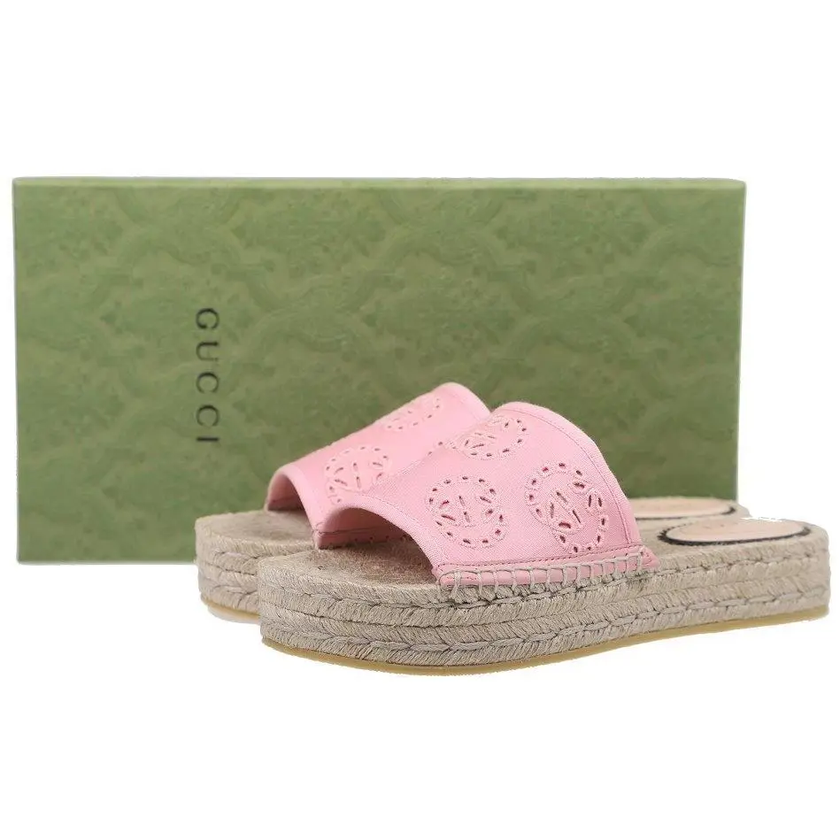 Gucci Pink Double G Print Cut Outs Canvas Espadrille Sandal`s Shoes 37/ US 7 - Pink