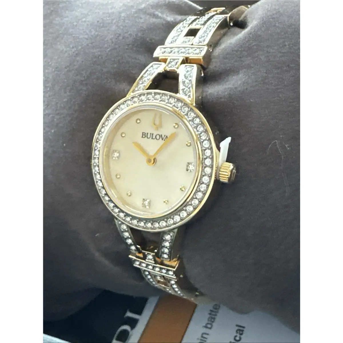Bulova Crystal Womens Crystal Accent Gold Tone Stainless Steel Bracelet Watch 98